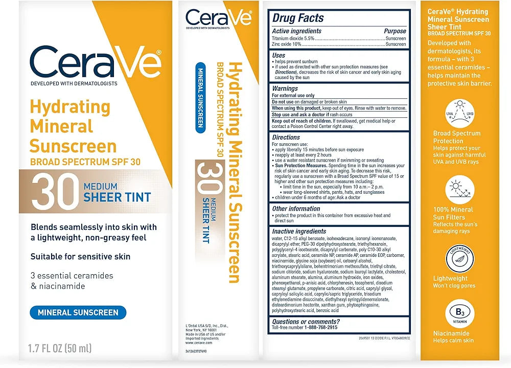 Cerave Hydrating Mineral Ultra sheer Tinted Sunscreen spf 30 50 ML
